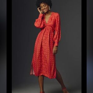 Farm Rio Long-Sleeve V-Neck Printed Tie-Front Midi Dress